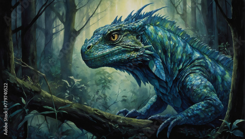 A shimmering, ethereal basilisk with glowing scales of iridescent blues and greens photo