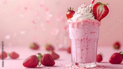 Realistic strawberry milkshake against pastel backdrop - Ai Generated