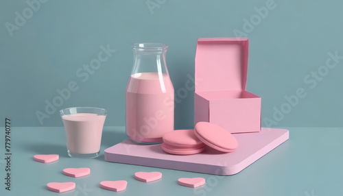 pink cookies, milk, and bottle photo