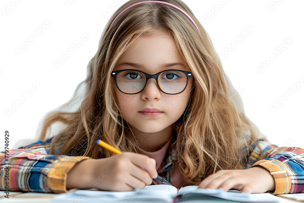 Closeup portrait of elementary school girl in eyeglasses diligently writing isolated on white background Closeup portrait of elementary school girl in eyeglasses diligently writing isolated on white background