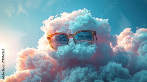 Cool Anthropomorphic Sunglasses Wearing Cloud Floating in a Bright Blue Sky