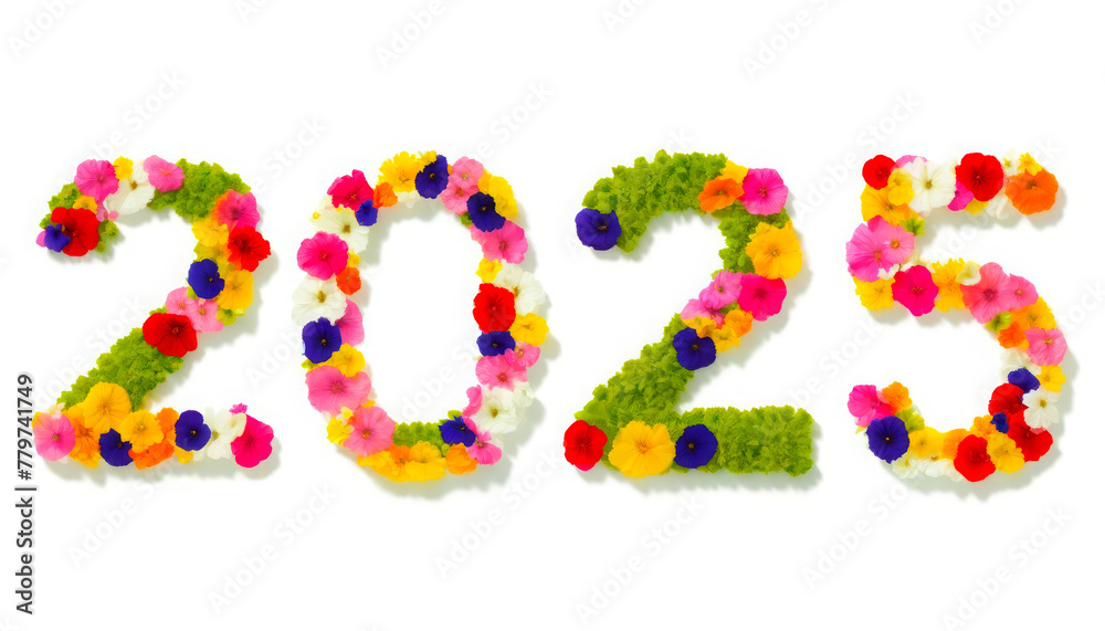 Numbers '2025' made of colorful flowers and moss on a white background, perfect for eco-friendly, spring, or gardening-themed projects and events. Numbers '2025' made of colorful flowers and moss on a white background, perfect for eco-friendly, spring, or gardening-themed projects and events.