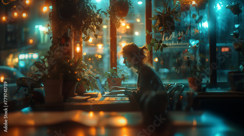 Freelancer or student typing on laptop at workplace. A woman works in a cafe. Bokeh effect. AI generative