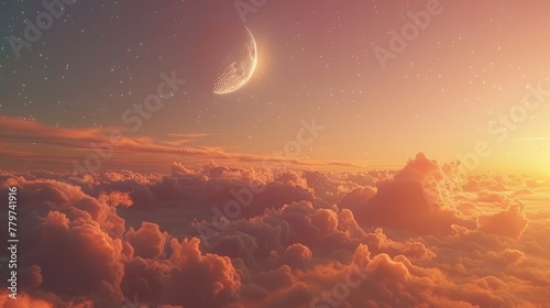 Crescent Moon Embracing Cloud in Magical Sunset Skies