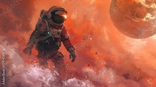 A brave astronaut wearing a space suit bravely explores the mist-covered red planet Mars. This