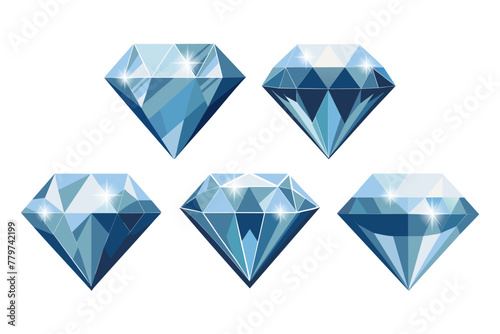 Collection of blue gemstones on a white background. Luxurious diamonds. Illustration. Vector