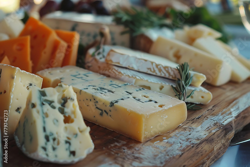 A variety of cheeses beautifully arranged on a wooden board, perfect for cheese tasting and culinary exploration