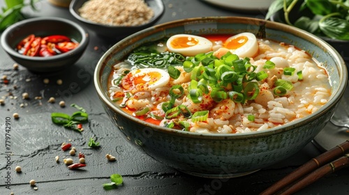 Hearty Thai Rice Soup with Flavorful Toppings and Aromatic Condiments