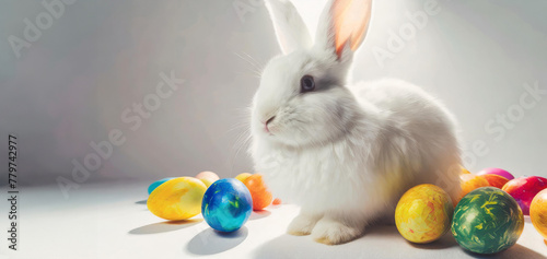 Lovely bunny easter fluffy baby rabbit with a basket full of colorful easter eggs. Beautiful Easter card. Generative AI