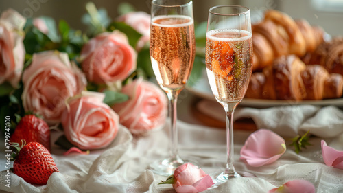 Two champagne glasses, roses, strawberries