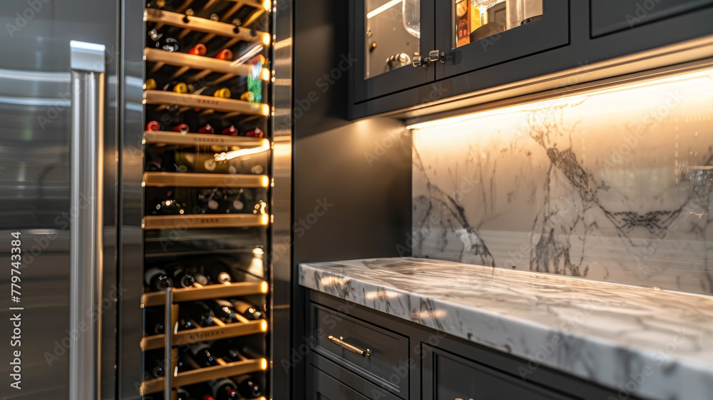 A wine cooler in a modern kitchen setting A wine cooler in a modern kitchen setting