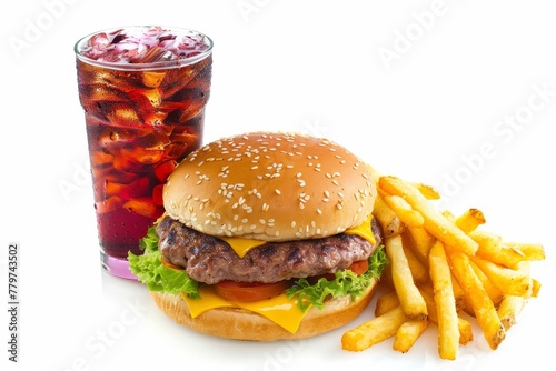 Delicious double cheeseburger with golden fries and cold drink on white