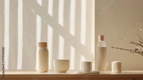 Minimalist skincare products on wooden shelf with soft shadows