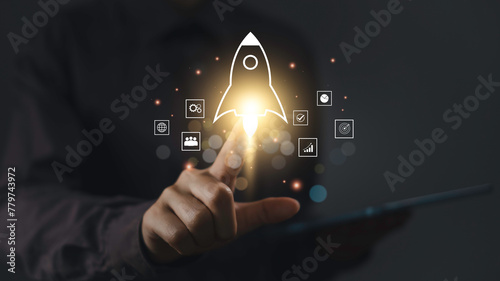 Planning development to entrepreneurship leadership and customer target group, Step stair or ladder with rocket launch icon. Business startup growth success achievement PDCA concept. photo
