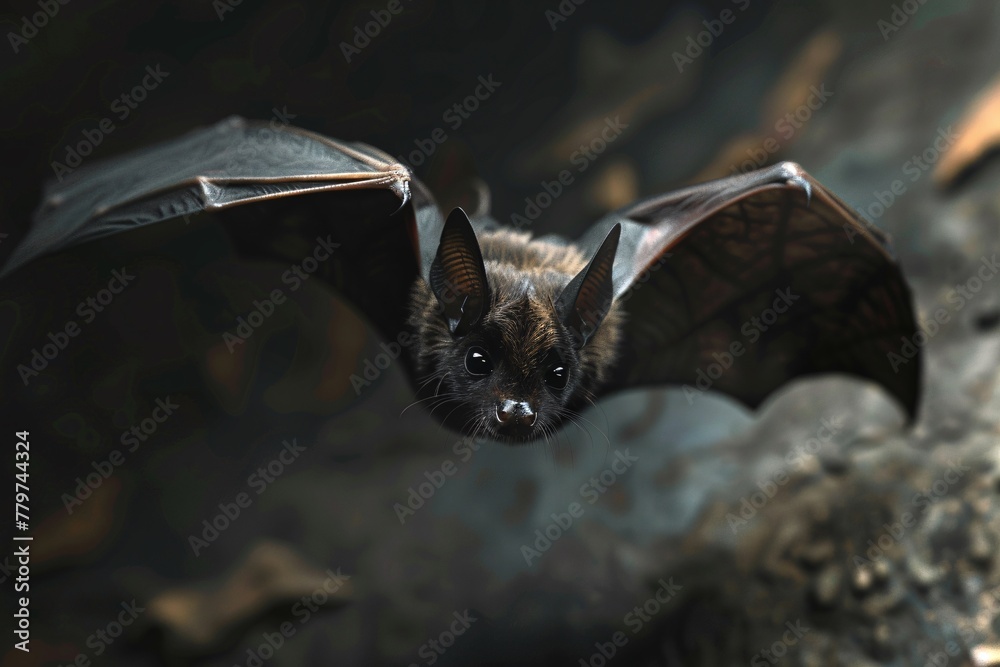 Obraz premium A bat in flight above rocky terrain, showcasing its graceful movement through the air