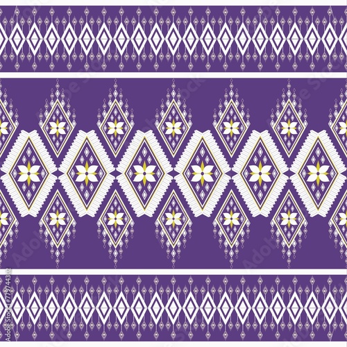  Ethnic geometric floral oriental traditional with elements seamless pattern porple background . Designed for background, wallpaper, clothing, wrapping, fabric, Batik, rug, decorating, embroidery styl