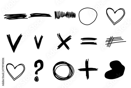 Doodle Simple Shape Icon. Line Circle Frame Silhouette Monochrome Black Elements. Simple  Drawn Symbol Isolated on Backdrop. Irregular Childish hand Drawn Signs	
