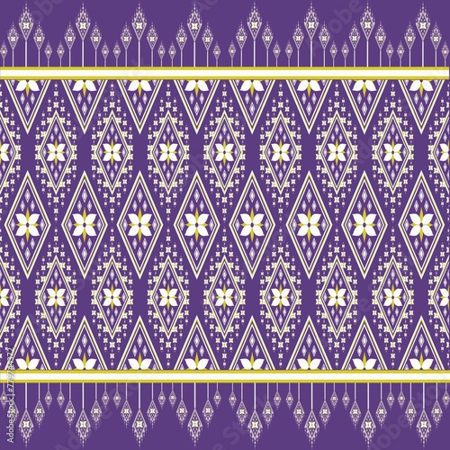  Ethnic geometric floral oriental traditional with elements seamless pattern porple background . Designed for background, wallpaper, clothing, wrapping, fabric, Batik, rug, decorating, embroidery styl