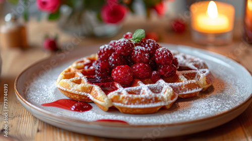 Plate of waffles with raspberries