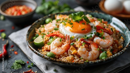 Appetizing Thai Fried Rice Dish with Shrimp Egg and Vibrant Vegetables on a Rustic Background