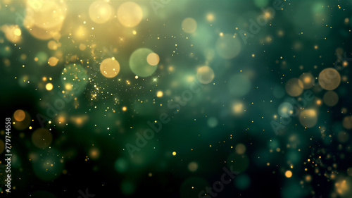 Yellow and gold circles abstract background. Bokeh shining particles on dark green background