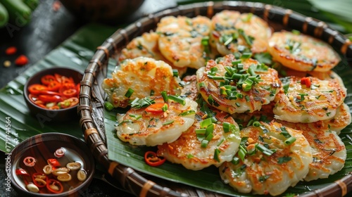 Freshly Prepared Traditional Thai Khanom Krok Coconut Pancakes Served on Vibrant Green Banana Leaf