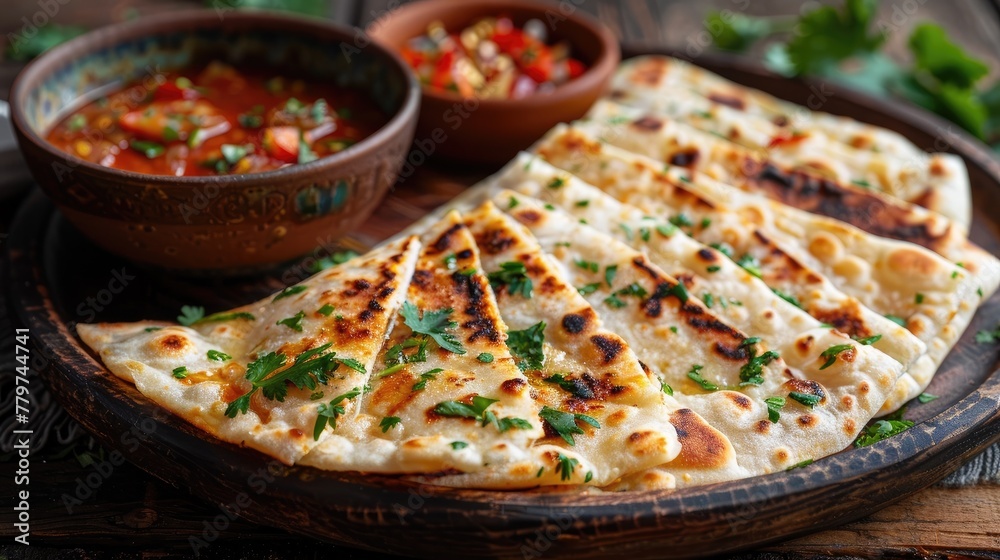 Savory Tex Mex Flatbread with Spicy Dipping Sauce on Wooden Surface