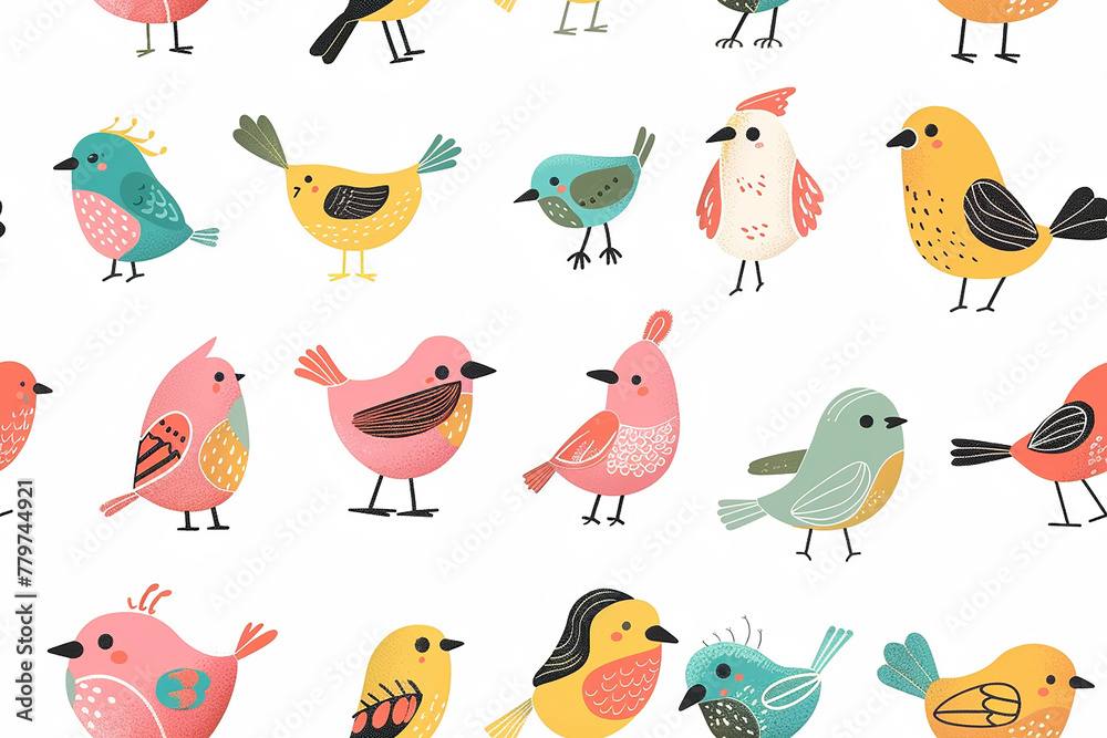 A colorful collection of birds with different colors and patterns