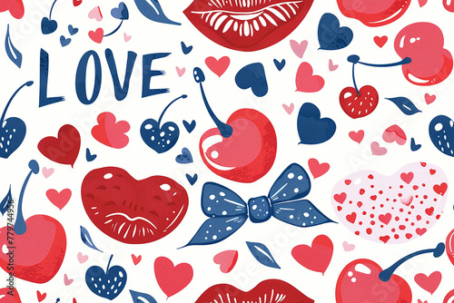 Romantic pattern with lips, hearts, and cherries