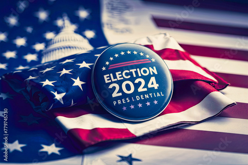 Vote election badge button with text Presidential Election 2024 background, lying at the American flag , vote USA 2024, 3D illustration. photo