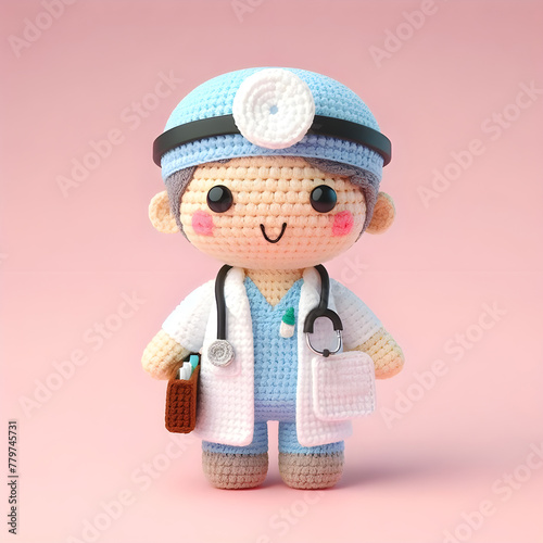 Ai Generated Crochet doll a doctor cute excited funny smiling wearing uniform and equipment, is standing, 3d render