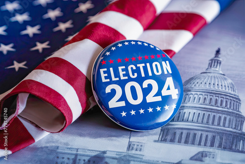 Vote election badge button with text Election 2024 background, lying at the American flag , vote USA 2024, 3D illustration. photo