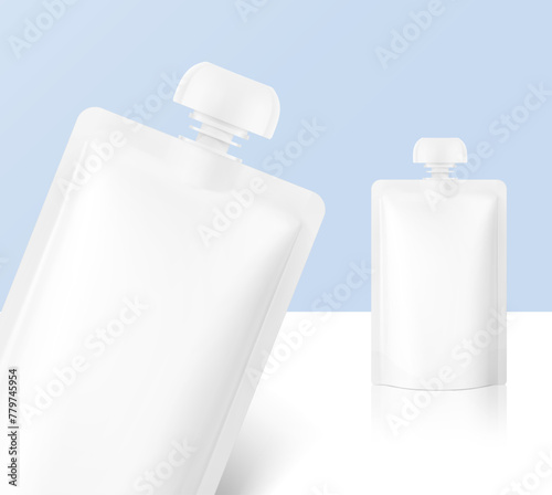 Spout pouch packaging bag mockup. Vector illustration isolated on white background. Front view. Can be use for template your design, presentation, promo, ad. EPS10.