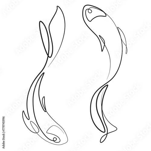 Astrological pisces zodiac sign one line drawing. Horoscope vector Illustration. Elegant astrology emblem. Fishes symbol outline. Contour mystic logo. Calendar minimalistic style. Yin yang fish art.