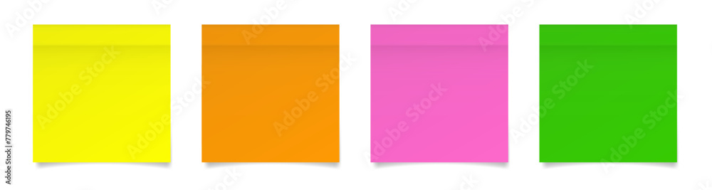 Set of square paper stickers. Stick in notes. Yellow, orange, pink and green neon colors. Multicolor post it notes. Sheets of paper. Tag, sticky note