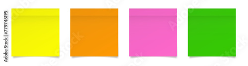 Set of square paper stickers. Stick in notes. Yellow, orange, pink and green neon colors. Multicolor post it notes. Sheets of paper. Tag, sticky note