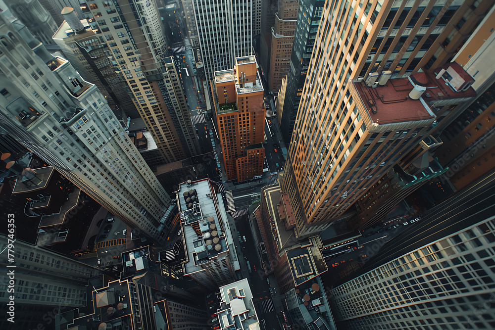 Bustling cityscape featuring tall buildings, captured from a captivating top-down perspective, showcasing urban vibrancy and architectural grandeur