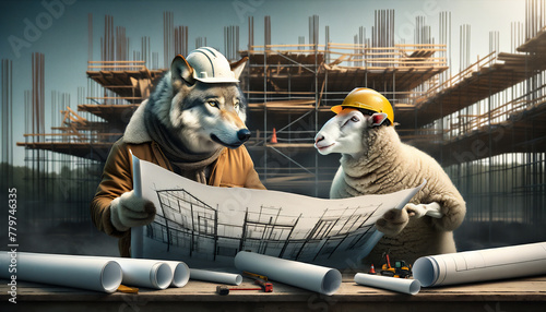 建設現場で図面を見ながら打合せをする狼と羊
