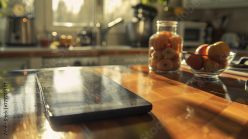 Tablet on a kitchen counter with sunlight