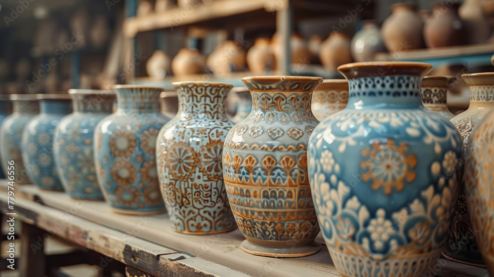 Assorted ceramic pottery vases on a shelf. Assorted ceramic pottery vases on a shelf.