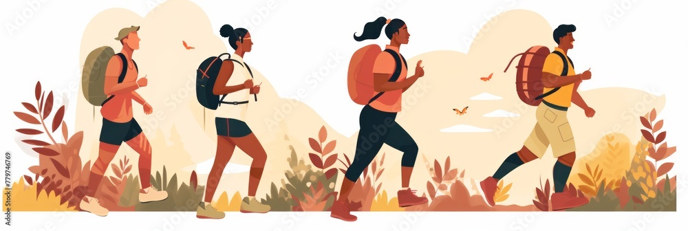 Rucking active group of people walking with a backpack that contains extra weight. Accessible sports, the concept of outdoor training. Illustration, flat style