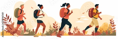 Rucking active group of people walking with a backpack that contains extra weight. Accessible sports  the concept of outdoor training. Illustration  flat style