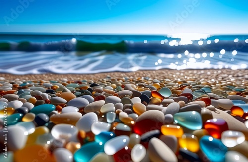 colorful polished stones on the beach with ocean waves and blue sky in background. concepts: promoting beach destinations or coastal resorts, wellness websites, meditation apps, backdrop for quotes photo