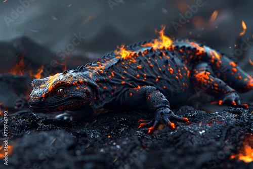 A large lizard perched on a heap of hot lava, basking under the fiery glow of volcanic activity