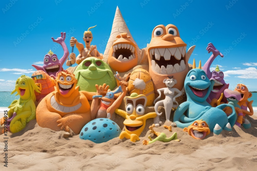 A beach bonanza of comedic banter, featuring a lively group of characters enjoying a day by the sea. Whimsical sand art creations.