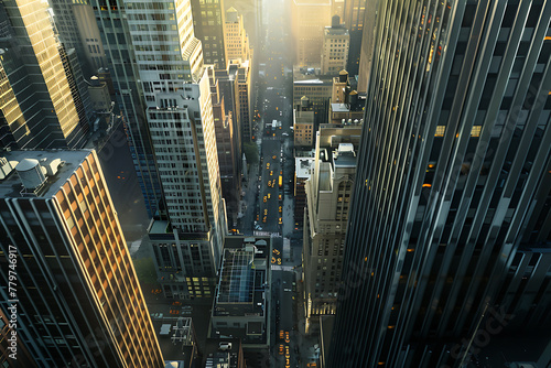 Bustling cityscape featuring tall buildings  captured from a captivating top-down perspective  showcasing urban vibrancy and architectural grandeur