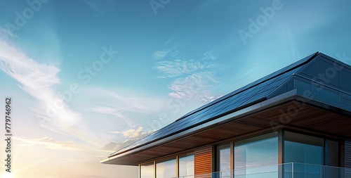 photovoltaic panels on the roof of a modern house with a blue sky background © Sikandar Hayat