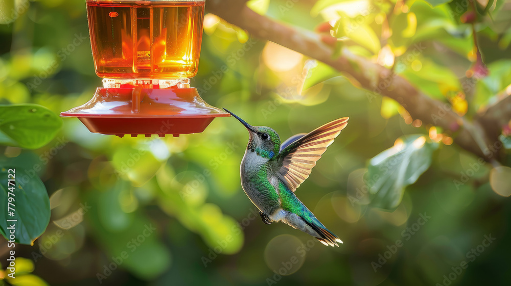 Obraz premium Hummingbird feeding at a red feeder