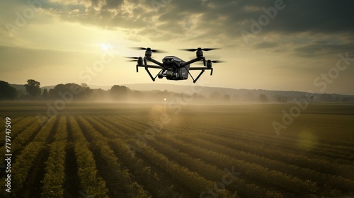 Photograph of commercial drone flying over crop fields. Technology in farming