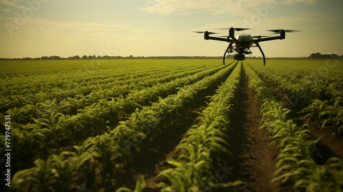 Photograph of commercial drone flying over crop fields. Technology in farming